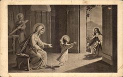 CPA co Therese of the Jesus Child throwing of the flowers under the steps of the Child allegorical Jesus Table Allegorical pictu