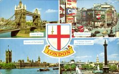 CPSM Tower Bridge Picadilly Circus Houses Off Parliament Trafalgar Public garden And Neison' S Column London