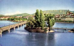 CPA Geneva Island J J Rousseau the Bridge of Mont Blanc And Mont Blanc