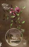 CPA Fantaisie Fleurs Noel Rose