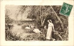 CPA Au Bord Du Lac Fantaisie Femme cygnes 