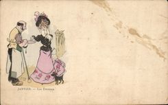 CPA Fantaisie Femme Janvier Les etrennes Chein Garien