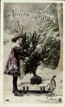 CPA Merry Christmas Child toboggan Fir tree