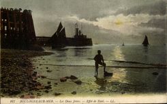 CPA Boulogne On Sea the Two Piers Night effect