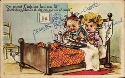 CPA uno toma el cafe con leche con los ninos de la cama