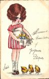 CPA Fantaisie Femme Poussins Paques 