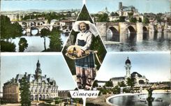 CPSM Limoges Les tois ponts Pont Saint Etienne Joueuse de Vielle L'hotel de villa La gare