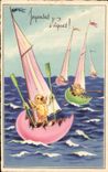 CPA Joyeuses Paques Poussins Bateau oeufs