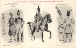CPA Historique du Train des Equipages Les divers Uniformes Restauration Cavalier Militaria