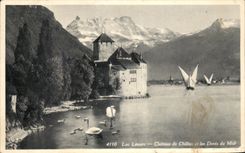 CPA Lac leman Chateau de Chillon et les dents du Midi Cygne