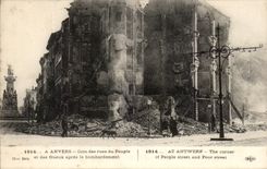 Esquina de CPA Amberes de las calles de la gente y del Gueux despues del bombardeo de Militaria