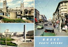 CPM Brest Porte Oceane Pont de Recouvrance et tour Tanguy Rue de Siam place de la Liberte