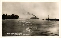 VINTAGE POSTCARD Thonon Les Bains the Lake Leman in CrepusculeBateau