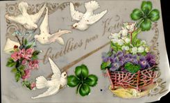 Flores del trebol de las palomas de la fantasia de la POSTAL de la VENDIMIA