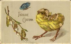 VINTAGE POSTCARD Frohliche Ostern Easter Chick Butterfly