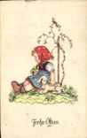 VINTAGE POSTCARD Enfant barrel Agneau