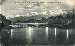 VINTAGE POSTCARD Grenoble and the Alpine range Eifet of night