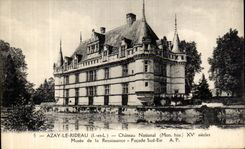 POSTAL Azay de la VENDIMIA la cortina el museo de la carretera principal del castillo Renacimiento del ataque frontal meridional del este
