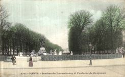 VINTAGE POSTCARD Paris Gardens of Luxembourg and Fontaine of Carpeaux