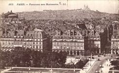 El panorama de Paris de la POSTAL de la VENDIMIA hacia Montmartre corona el corazon