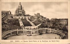 VINTAGE POSTCARD Paris Public garden Saint Pierre and the Basilica of the Sacring Heart