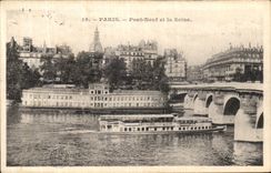 CPA Paris Pont Neuf et la Seine Peniche Bateau