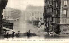 VINTAGE POSTCARD Paris Floods Of Station Larare Saint and Place of Rome