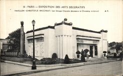La feria de Paris de la POSTAL de la VENDIMIA de los artes decorativos 1925 contiene el bacara de Christopfle