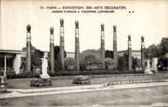 POSTAL Paris Interrnationale justo de la VENDIMIA de jardines florales de los artes decorativos y de columnas luminosas