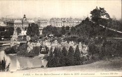 VINTAGE POSTCARD Paris Park of the Chaumont Hillocks and Mairie of the 19th District