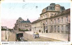 Red Germania 10pfg with seal Bahnpost ZUG 210 1908 Mulhausen on VINTAGE POSTCARD Paris L Military academy