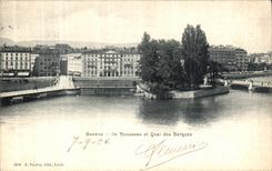 VINTAGE POSTCARD Geneva Island Rousseau and Quai of Bergues