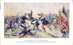 VINTAGE POSTCARD the Flag Of the 57eme Of Line decorates following battle with Rezonville Militaria August 16th  1870