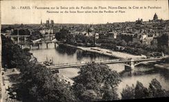 Panorama de Paris de la POSTAL de la VENDIMIA en el Seine Pavillon de Flore de Notre Dame ISCED y el panteon