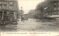 VINTAGE POSTCARD Paris Floods Hotel Holy Terminus and Station Lazare