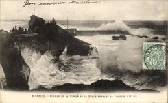 VINTAGE POSTCARD Biarritz Rock Of the Virgin And the Dam During the storm