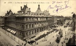 VINTAGE POSTCARD Lyon the Place of Cordeliers and the Palate of the Stock Exchange Trams