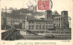 VINTAGE POSTCARD Lyon Bridge of Tilsitt Cathedral and Coteau De Fourvieres