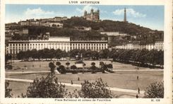 VINTAGE POSTCARD Lyon Artistque Places Bellecour and Coteau De Fourviere