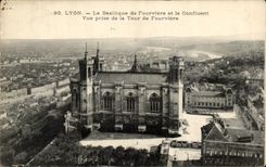 VINTAGE POSTCARD Lyon the Basilica of Fourviere and the Confluence Seen from of the Tower of Fourviere