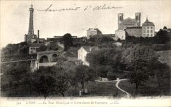 VINTAGE POSTCARD Lyon the Metal Tower and Notre Dame de Fourviere