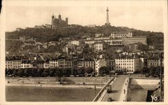 VINTAGE POSTCARD Lyon Hill of Fourviere and Pont Feuillee on the Saone