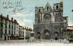 VINTAGE POSTCARD Lyon Places and Cathedral St Jean