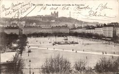 VINTAGE POSTCARD Lyon Places Bellecour and Coteau of Fourviere