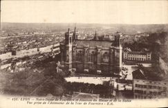VINTAGE POSTCARD Lyon Notre Dame de Fourviere and Jonction Of the Rhone and the Saone Seen from of L elevator of the tower of Fourviere