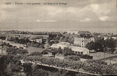 VINTAGE POSTCARD Thonon View Train station and the College Train