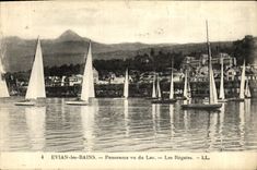 VINTAGE POSTCARD Evian Les Bains Panorama Seen of the Lake Regattas