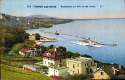 VINTAGE POSTCARD Thonon Les Bains Panorama of the port and the Villas Boat