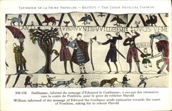 La POSTAL Bayeux Tapisserie de la VENDIMIA de la reina Matilde Guillermo informa el mensaje D Eduardo al confesor