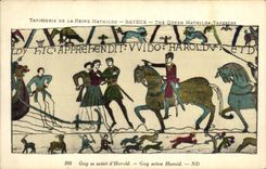 La POSTAL Bayeux TApisserie de la VENDIMIA del individuo de la reina Matilde agarra D Harold